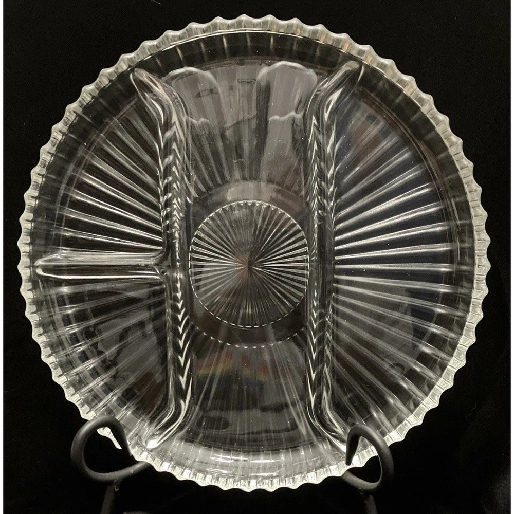 VTG 10" Round Crystal Divided Serving Tray Relish Ribbed Indiana Pressed Glass